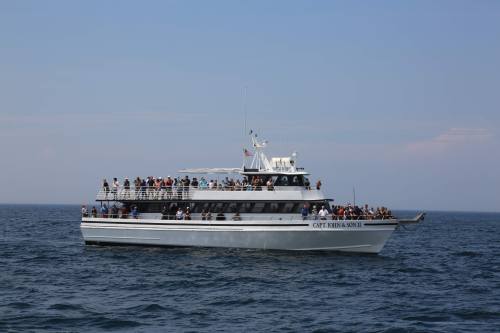 A large boat with many passengers sails on calm waters under a clear blue sky.