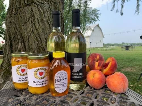 Jars of peaches and honey beside bottles of wine, with fresh peaches, set against a rural backdrop.