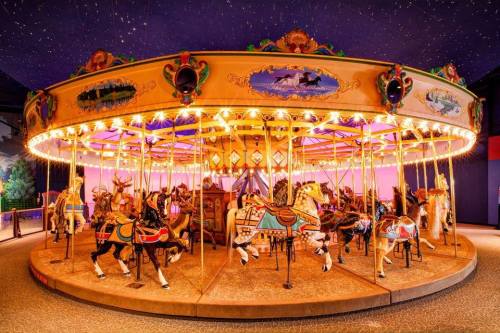 A brightly lit carousel with intricately painted horses, set against a starry backdrop.