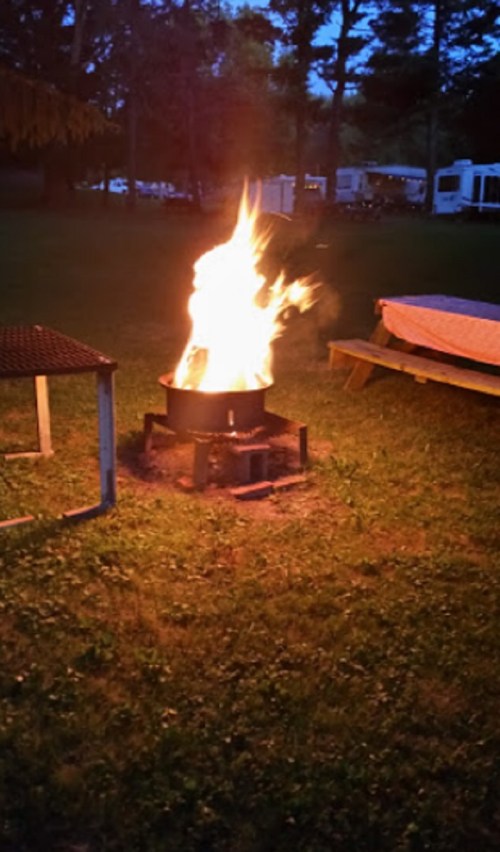 A campfire burns brightly in a grassy area, surrounded by a grill and a wooden bench, under a twilight sky.