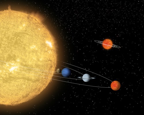 Illustration of the Sun with planets orbiting, set against a starry background, featuring two distant stars.