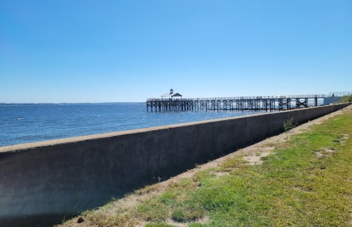 A sunny day at the waterfront, featuring a long wooden pier extending into the calm blue water. Green grass in the foreground.