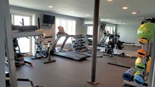 A modern gym with exercise equipment, including treadmills, weights, and fitness balls, in a bright, spacious room.