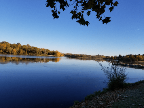 A serene river scene with calm water, surrounded by trees and a clear blue sky. Autumn colors are visible on the banks.