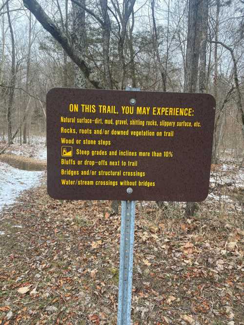 Trail sign warning of natural surface conditions, steep grades, and potential hazards like rocks and stream crossings.