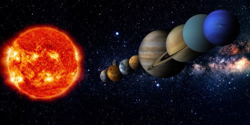 A vibrant sun with solar flares next to a lineup of planets in space, set against a starry background.