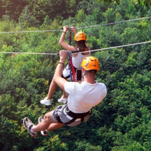 Two people ziplining through a lush green forest, wearing helmets and harnesses, enjoying an outdoor adventure.