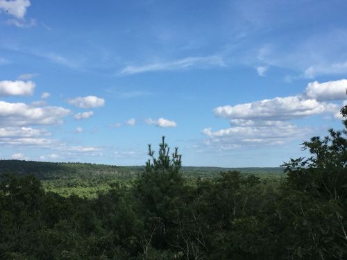 A panoramic view of a lush green landscape under a blue sky with fluffy white clouds.