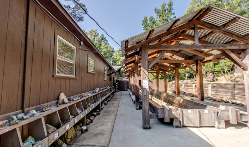 A wooden structure with a covered area and a path lined with rock displays, surrounded by trees and blue sky.