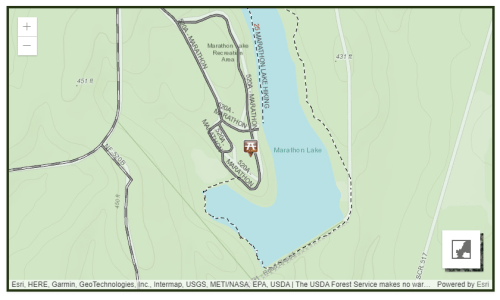 Map of Marathon Lake area, showing trails, elevation contours, and recreational facilities.