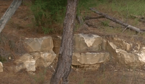 A rocky outcrop with large stones, surrounded by grass and a tree in a natural setting.