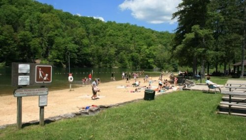 A sandy beach by a lake, with people swimming and relaxing under trees on a sunny day. Signs and benches are visible.