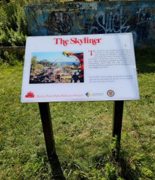 Sign titled "The Skyliner" with an image and text, set in a grassy area with graffiti in the background.