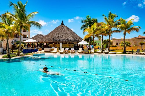 A tropical resort pool with a thatched-roof bar, palm trees, and a person swimming under a clear blue sky.