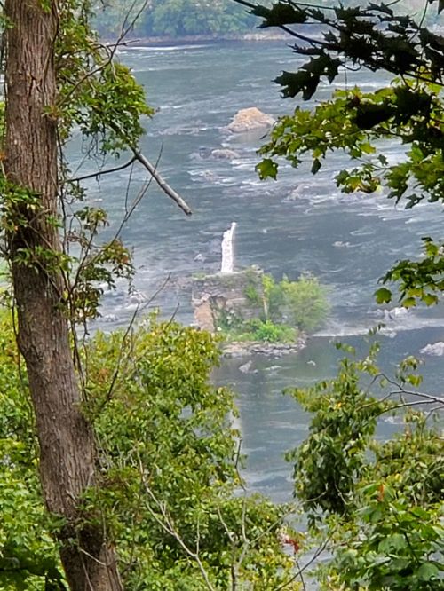 A scenic view of a river with a statue on a rocky outcrop, surrounded by lush greenery and mist.