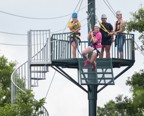 A group of people prepares for a zip line ride from a platform surrounded by trees. One person is already in motion.