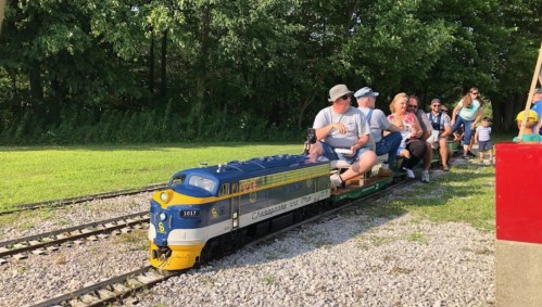 A miniature train with passengers rides along a track in a green park setting, surrounded by trees.