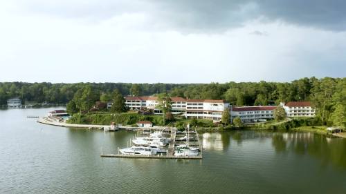 Aerial view of a lakeside resort with boats docked, surrounded by lush greenery and a cloudy sky.