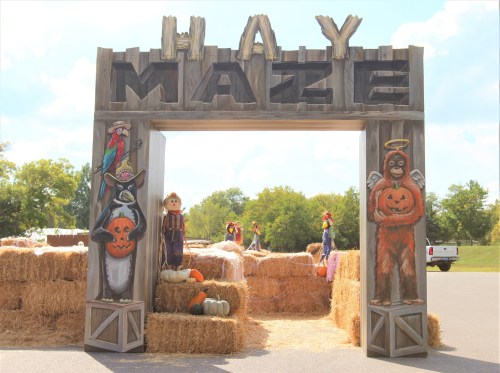 Entrance to a hay maze decorated with colorful scarecrows and pumpkins, under a bright blue sky.