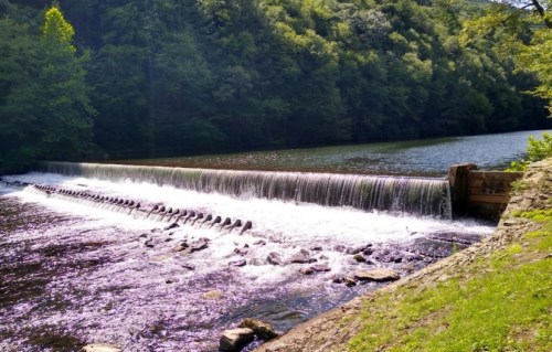 A serene river scene featuring a small waterfall cascading over a dam, surrounded by lush greenery.