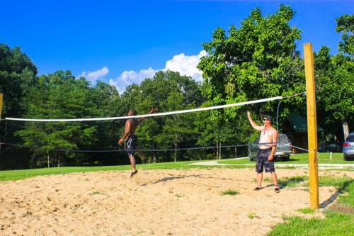 Two men play beach volleyball on a sandy court, with trees and a blue sky in the background.