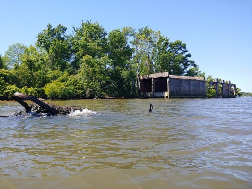 A weathered structure partially submerged in water, surrounded by lush green trees under a clear blue sky.