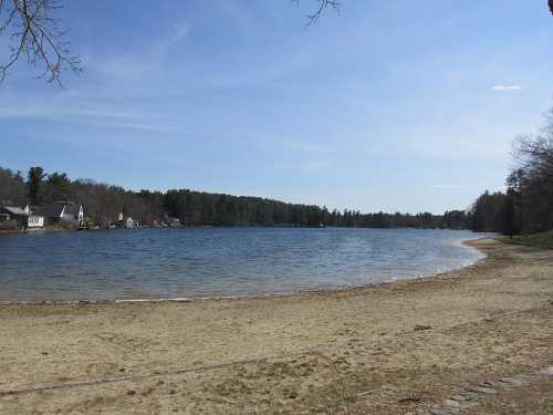 A serene lake surrounded by trees, with a sandy shore and clear blue sky in the background.