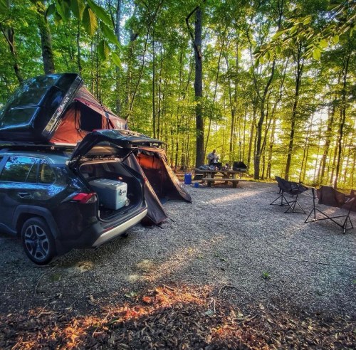 A campsite in a forest with a car, rooftop tent, picnic table, and camping chairs surrounded by trees.