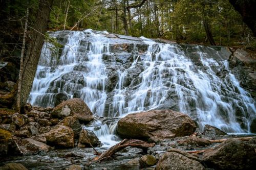 A serene waterfall cascading over rocky terrain, surrounded by lush greenery and trees.
