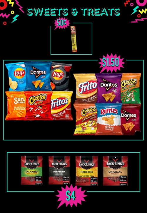Colorful display of snacks including chips and beef jerky, with prices ranging from 50 cents to $4.