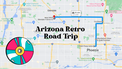 Map showing a route for an Arizona retro road trip from Glendale to West Wind Drive-In, with a colorful disc graphic.