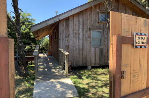 A wooden cottage named "Zebra Cottage" with a ramp, surrounded by greenery and a clear blue sky.