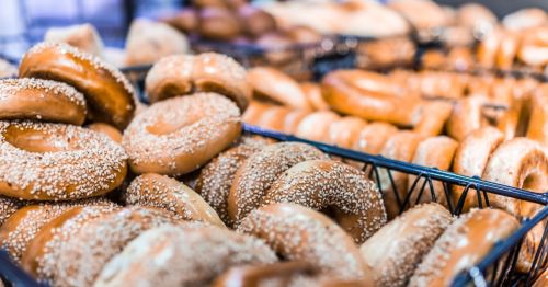 Close up of baskets of bagels in a shop in New Jersey
