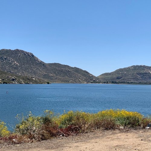 A serene lake surrounded by mountains and wildflowers under a clear blue sky.