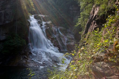 A serene waterfall cascades down rocky cliffs, surrounded by lush greenery and soft sunlight filtering through the trees.
