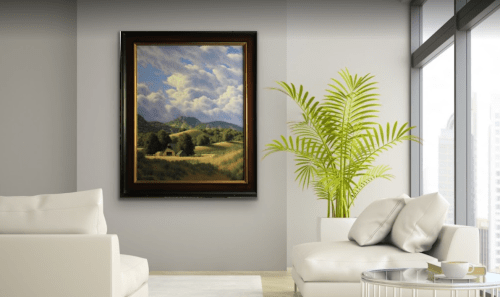 A serene landscape painting hangs in a modern living room with a plant and light-colored furniture.