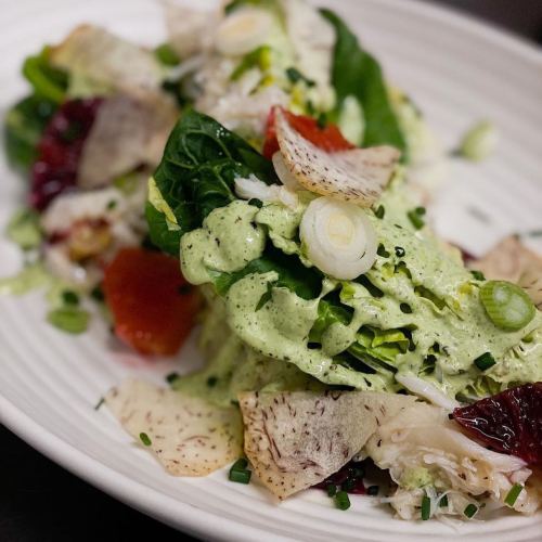 A fresh salad with greens, sliced vegetables, and a creamy dressing, served on a white plate.
