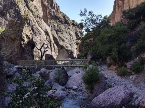 A wooden bridge spans a rocky creek surrounded by tall cliffs and lush greenery in a serene canyon landscape.