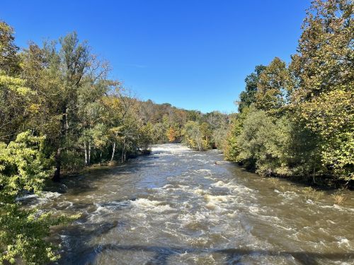 A flowing river surrounded by trees, with a clear blue sky above and autumn foliage in the background.