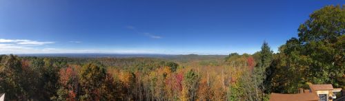 Panoramic view of a colorful autumn landscape with trees in shades of orange, yellow, and green under a clear blue sky.