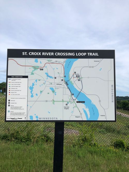 Map of the St. Croix River Crossing Loop Trail, showing trails, landmarks, and surrounding areas in Minnesota and Wisconsin.