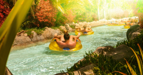 People floating on yellow inner tubes in a lush, tropical waterway surrounded by greenery.