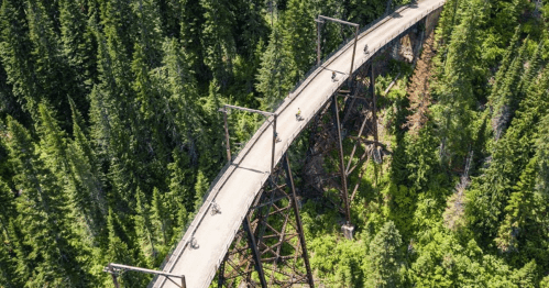 Aerial view of a curved bridge over a lush green forest, with cyclists riding along the path.
