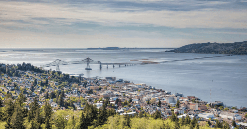 A scenic view of a bridge spanning a river, with a town and hills in the background under a clear sky.