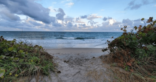 A sandy path leads to a tranquil beach with gentle waves and a cloudy sky.