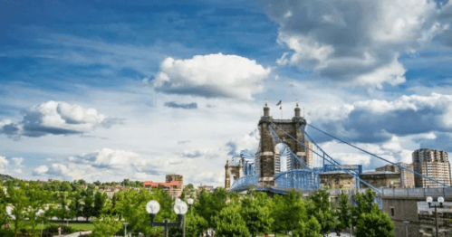 A scenic view of a bridge with towers, surrounded by greenery and a blue sky filled with clouds.