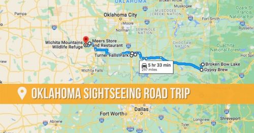 Map showing a road trip route in Oklahoma, highlighting key stops like Wichita Mountains and Turner Falls Park.