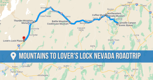 Map showing a road trip route from Mountains to Lover's Lock Plaza in Nevada, highlighting key stops along the way.