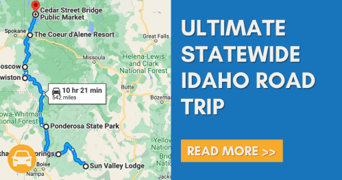 Map showing a road trip route in Idaho, highlighting key locations and travel time of 10 hours 21 minutes.