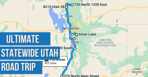 Map highlighting a road trip route through Utah, featuring key locations and distances. Text reads "Ultimate Statewide Utah Road Trip."